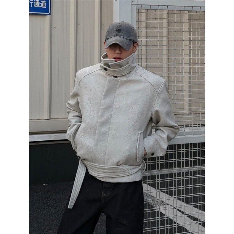 美式复古绑带廓形毛呢夹克男女cleanfit高级感短款宽松情侣外套潮,男装夹克,星座601-1