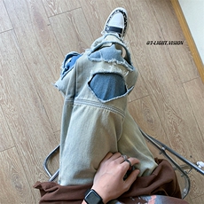 B221美式ins高街暗黑小众撞色破洞直筒牛仔裤LK23109-P65控88，男装牛仔裤，电商B221