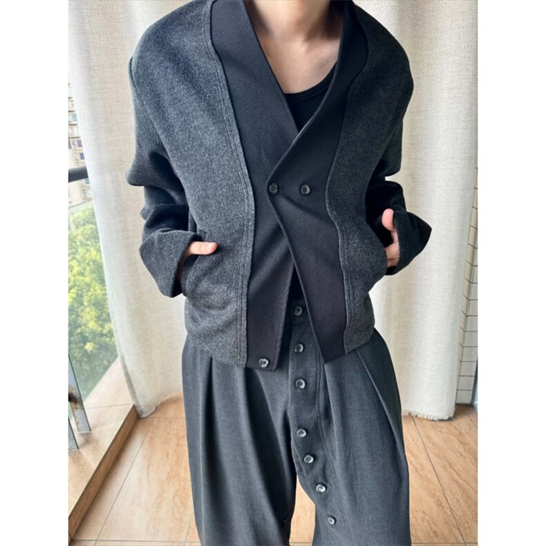 老钱风双扣开衫混纺毛边短款西服毛呢外套复古雅痞呢子西装潮,男装西服,四季星座505