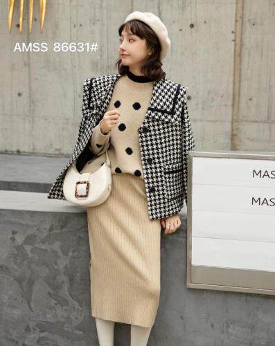 格子短款呢料外套，女装，AMSS 艾玛莎莎