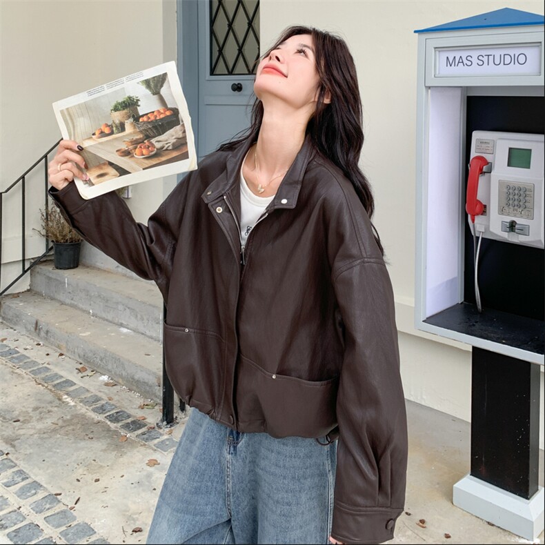 棕色抽绳立领皮衣外套女2025秋新款酷盐系复古宽松小个子百搭夹克,女装皮衣,2C283