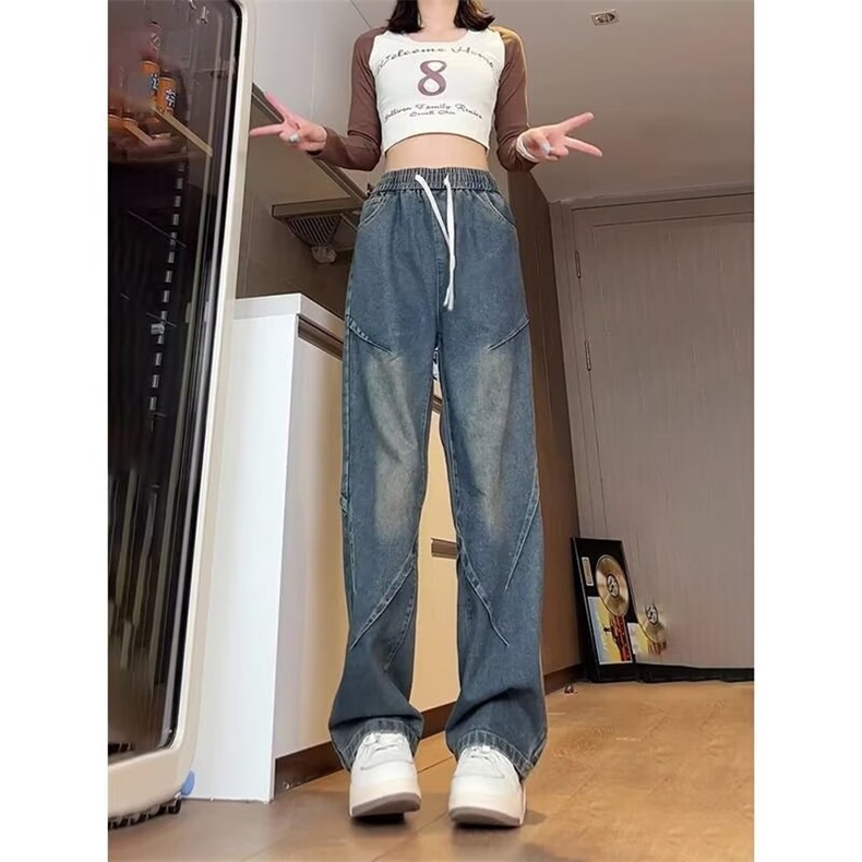 626#-P38抖音美式牛仔裤男女同款复古高街直筒休闲大码拖地裤图片