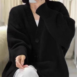 秋冬季羊毛宽松慵懒优雅带兜羊毛开衫图片