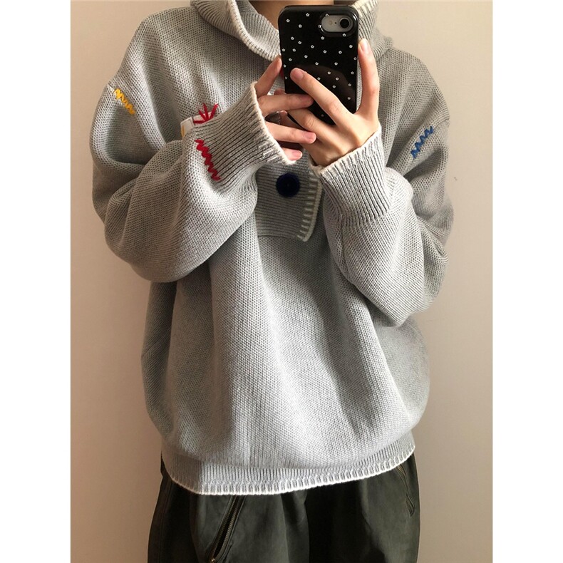 美式复古刺绣连帽情侣毛衣宽松冬季针织衫慵懒风外套LEM322-P63,男装针织衫/毛衣,星座1008