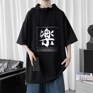 LD54197-P45 连帽短袖t恤男大码胖子带帽五分袖中袖图片