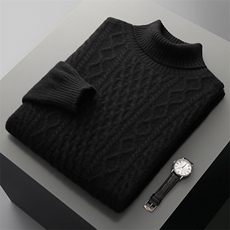 100%羊毛衫男半高领扭花加厚套头毛衣秋冬宽松百搭羊绒针织打底衫，男装羊毛衫，牧圣羊绒