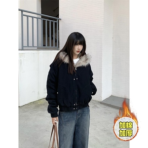现货高品质美式高街冬季重磅硬挺短款座山雕毛领棉衣男女加厚外套图片