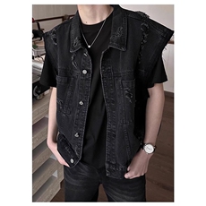 美式水洗磨毛边短款牛仔马甲男无袖宽松夏季潮流帅气上衣XJK8942，男装背心/马甲，星座208-5