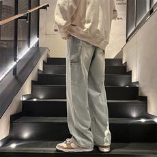 美式复古牛仔裤宽松直筒裤男潮牌工装做旧休闲长裤子N05099-P45，男装牛仔裤，星座308B-1