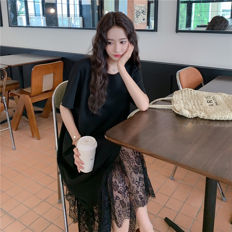 减龄优雅蕾丝拼接T恤黑色连衣裙女夏季2025新款今年流行爆款长裙,女装连衣裙,2C206