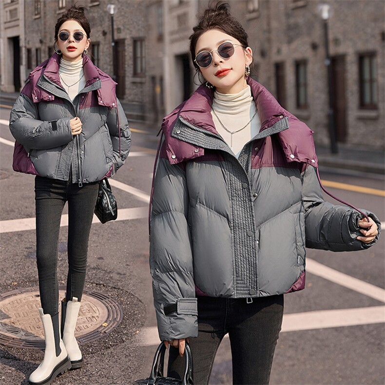 时尚撞色短款羽绒服女2024冬季新款加厚连帽保暖白鸭绒面包服外套,女装羽绒服,艾仟回(原伊仟回)