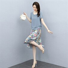 2023夏季新款时尚圆领气质优雅舒适印花雪纺两件套，女装套装/套裙，牡丹诺