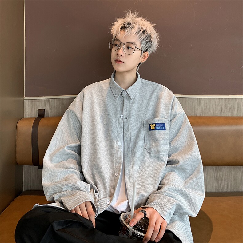 2025秋冬新款格子贴标翻领大码衬衫港风男外套CS770/特P25灰色,男装衬衫,电商A094