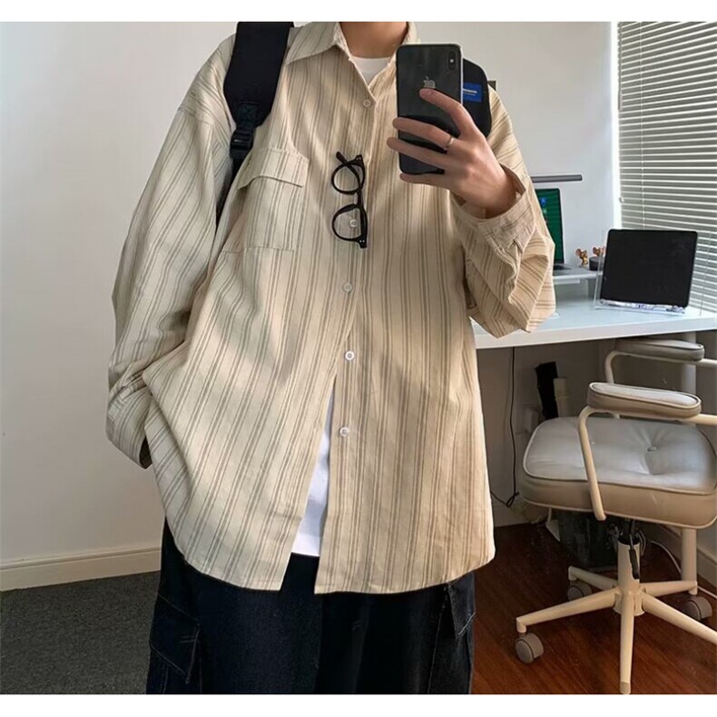 条纹长袖衬衫男女春秋小清新学院风宽松休闲衬衣潮CSH09图片
