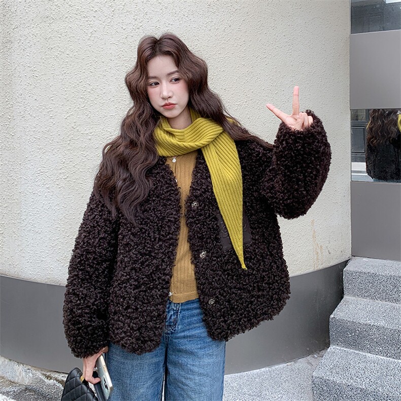 韩版加绒加厚外套女2025秋冬季新款卷毛中长款皮草毛毛圆领大衣,女装短外套,2C317A