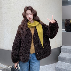韩版加绒加厚外套女2025秋冬季新款卷毛中长款皮草毛毛圆领大衣，女装短外套，2C317A