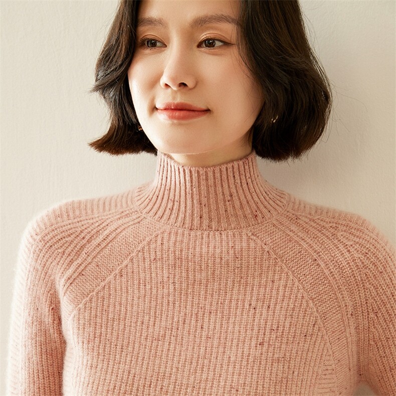 双股加厚羊绒衫半高领点子纱元宝针设计宽松显瘦针织套头衫毛衣，女装羊绒衫，纳丰羊绒