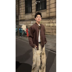 现货~龙叨叨老钱风假两件格纹拼接长袖针织开衫外套MY2573批88图片