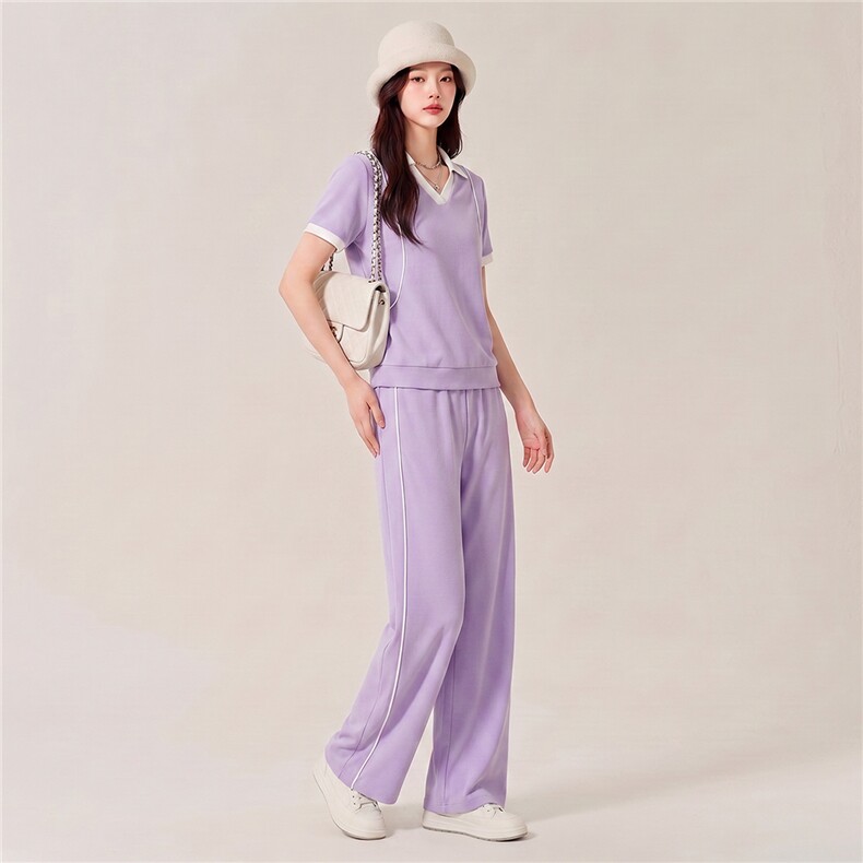 盐系高级感休闲运动时尚套装女夏季减龄翻领短袖上衣阔腿裤两件套,女装套装/套裙,江南