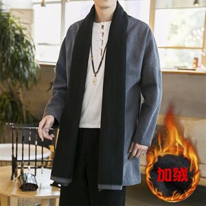 2020冬季中国风开衫加绒加厚亚麻长袖开衫披风男外套D584P105图片