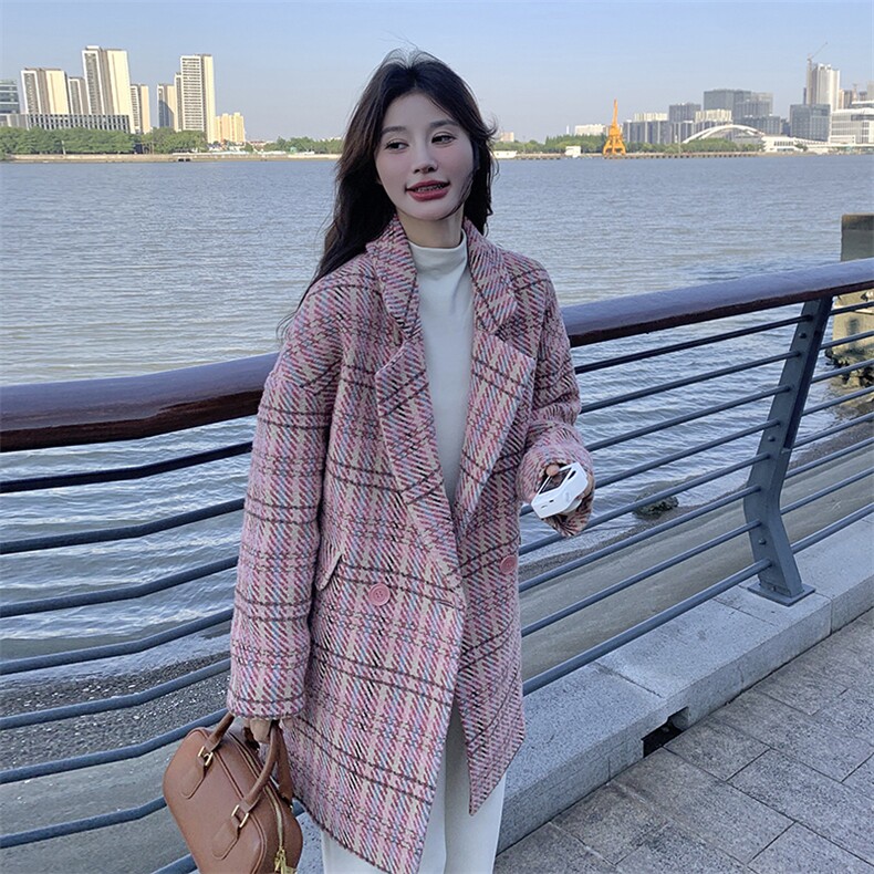[】2025冬复古粉色格加厚毛呢大衣A820p195K278,女装毛呢外套,2C269