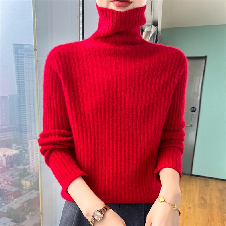 羊毛衫女堆堆领毛衣加厚宽松慵懒坑条高领针织打底内搭,女装羊毛衫,美轩羊绒