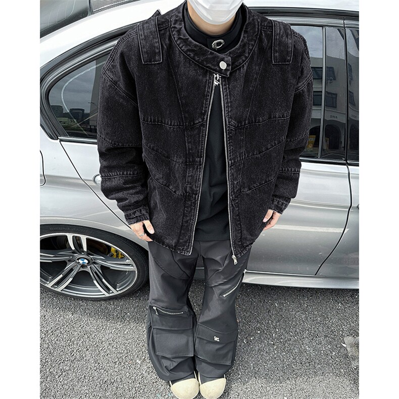 复古立领拉链牛仔外套解构设计水洗做旧夹克机车服男JK8096-P75,男装夹克,星座308B-1