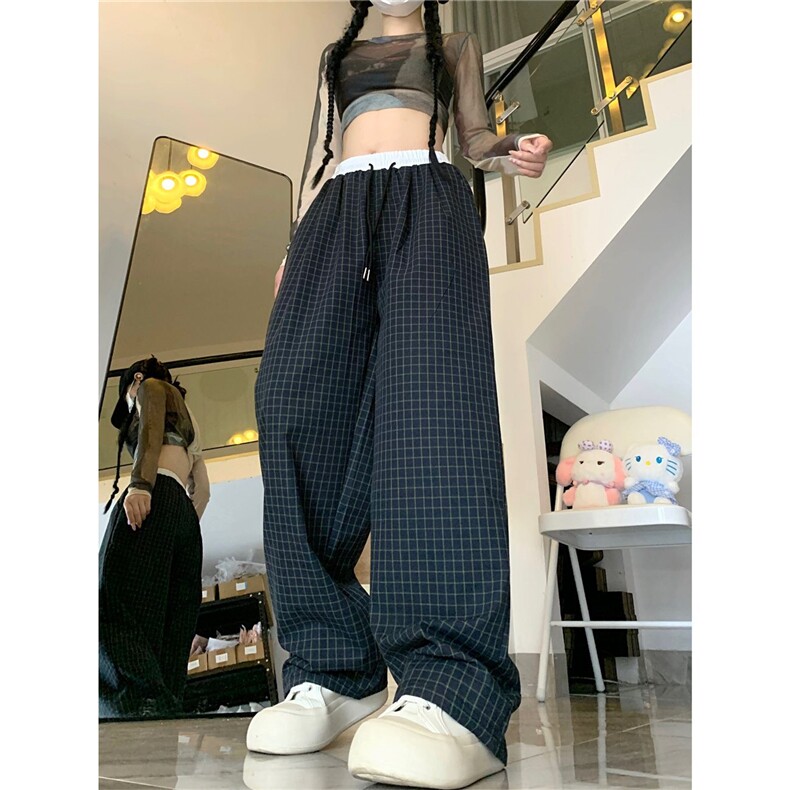 AK2499-p45撞色白腰格子宽松春秋阔腿裤,女装休闲裤,星座617A-2