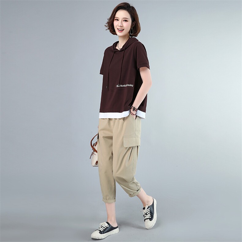 时尚刺绣宽松短袖连帽上衣+休闲工装裤两件套女夏季新款显瘦百搭套装855,女装套装/套裙,依恋蒂丝