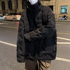 冬季黑色菱形格羽绒棉服男女款高街立领加厚面包服工装外套潮，男装棉衣，星座1013