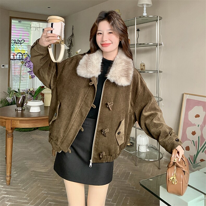 复古毛领派克羽绒服女冬短款小个子牛角扣加厚白鸭绒内胆毛呢外套图片