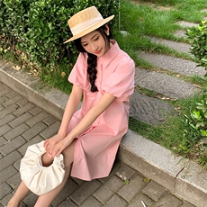 【现货】主推韩系粉色衬衫裙新款夏季短袖小个子连衣裙，女装连衣裙，韩秀