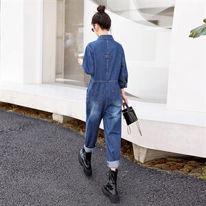 时尚显瘦牛仔连体裤女宽松高腰长袖休闲工装裤百搭气质女装，女装连体裤，秋水欣儿