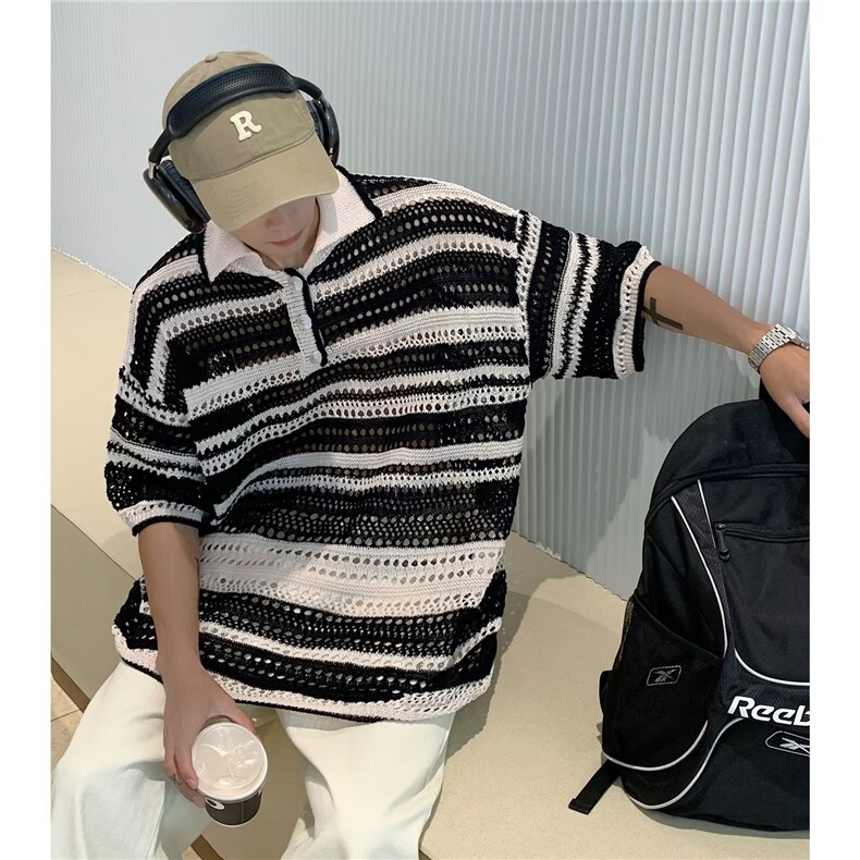 美式复古彩色条纹镂空针织衫夏新款潮牌翻领休闲POLO衫Y39 P38图片