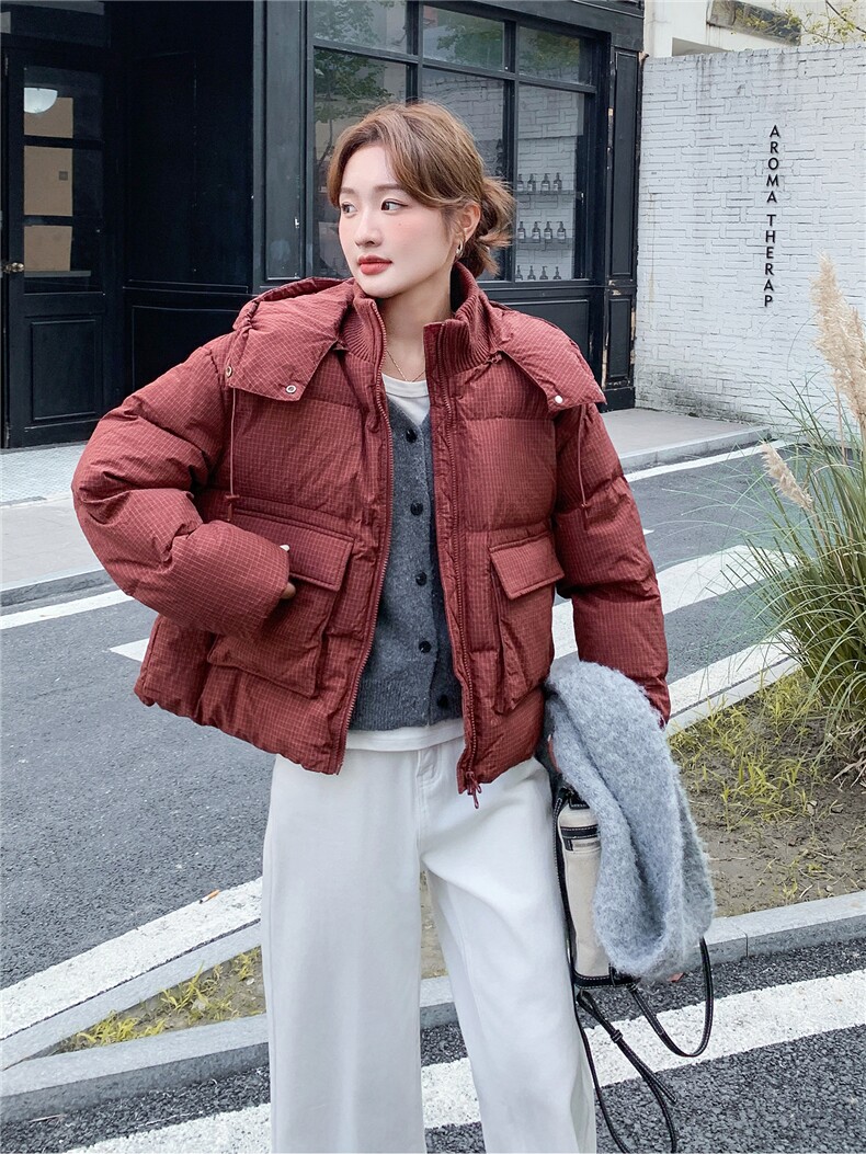 高级感安哥拉红羽绒服女小个子2025冬季新款加厚保暖连帽面包服,女装短外套,2B156