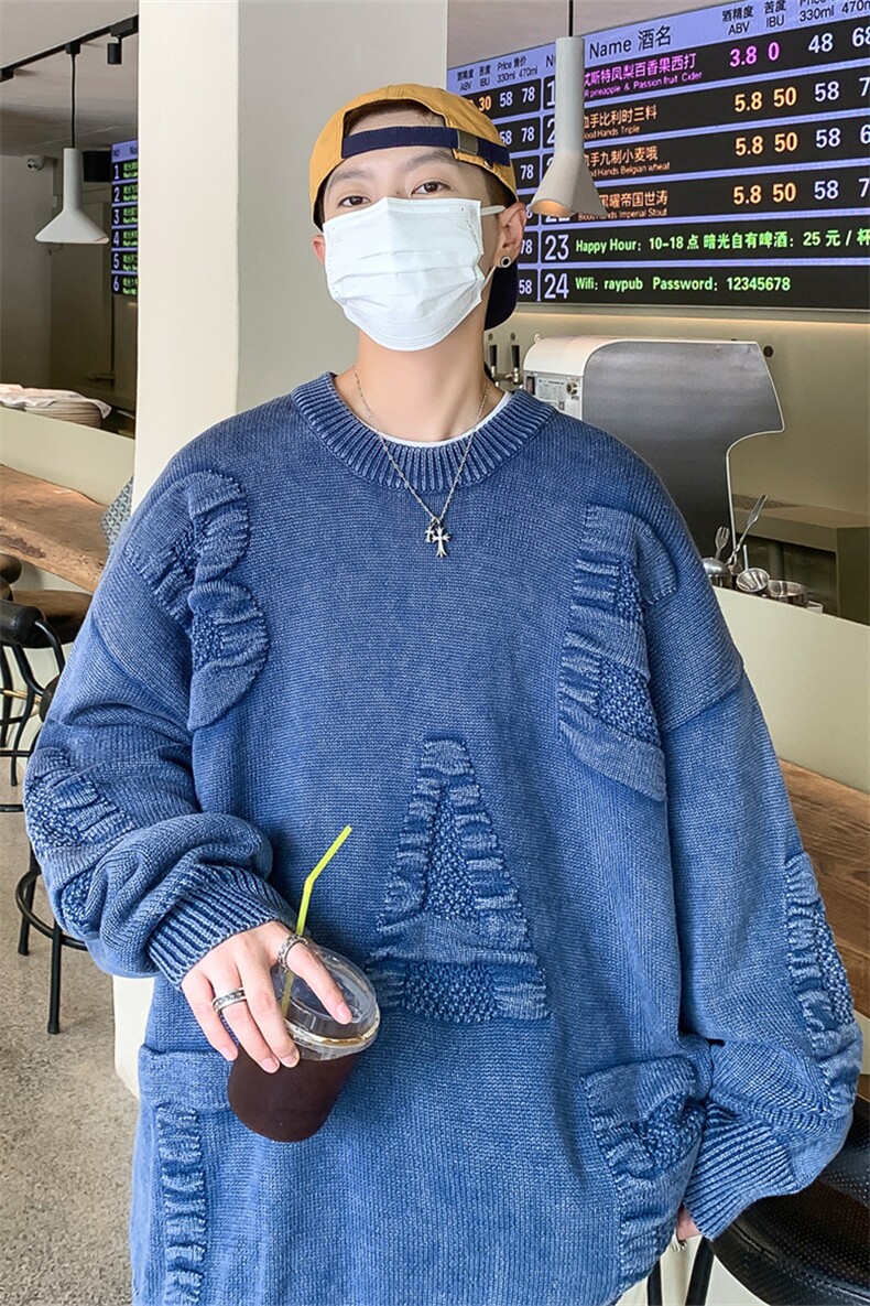 M6128/P85秋冬港风高品质工艺水洗毛衣男大码宽松针织衫外套线衣,男装针织衫/毛衣,电商A141
