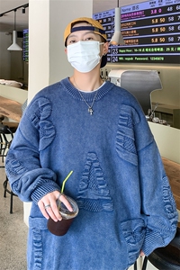 M6128/P85秋冬港风高品质工艺水洗毛衣男大码宽松针织衫外套线衣图片