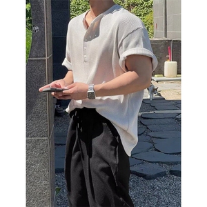 华夫格亨利领短袖男夏季宽松休闲T恤通勤穿搭潮流半袖 TA1137图片