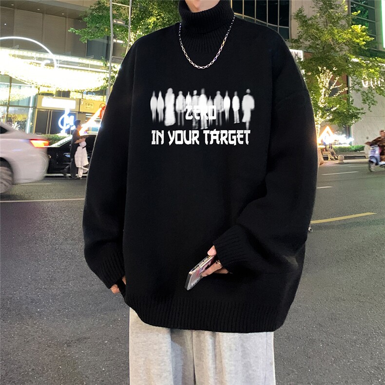 港风夜景创意人物字母印花时尚半高领毛衣A247-M6941特批50控88,男装针织衫/毛衣,电商A247