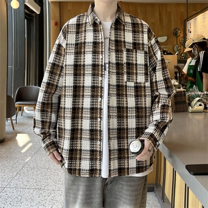 精品春季小香风衬衫翻领男大皂大码宽松痞帅外套毛呢衬衣A012/p55图片