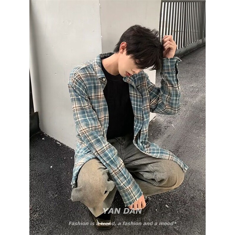 蓝色格子衬衫男美式复古格纹长袖衬衣痞帅休闲外套513CS1798P28图片