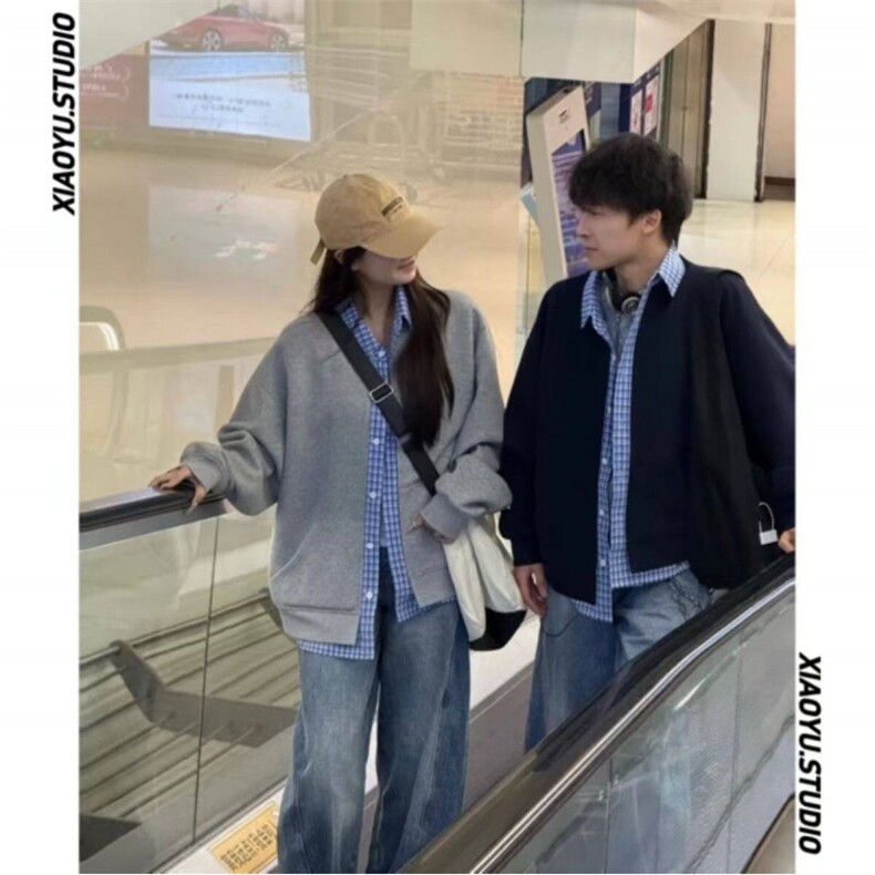 美式复古假两件卫衣开衫外套男款春季格子拼接cleanfit情侣棒球服,男装卫衣,电商A128