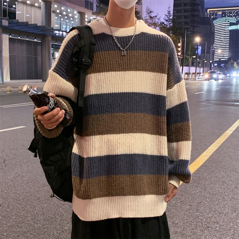 条纹拼色毛衣男秋冬ins潮宽松打底复古圆领情侣针织衫M323-P34,男装针织衫/毛衣,星座512-4