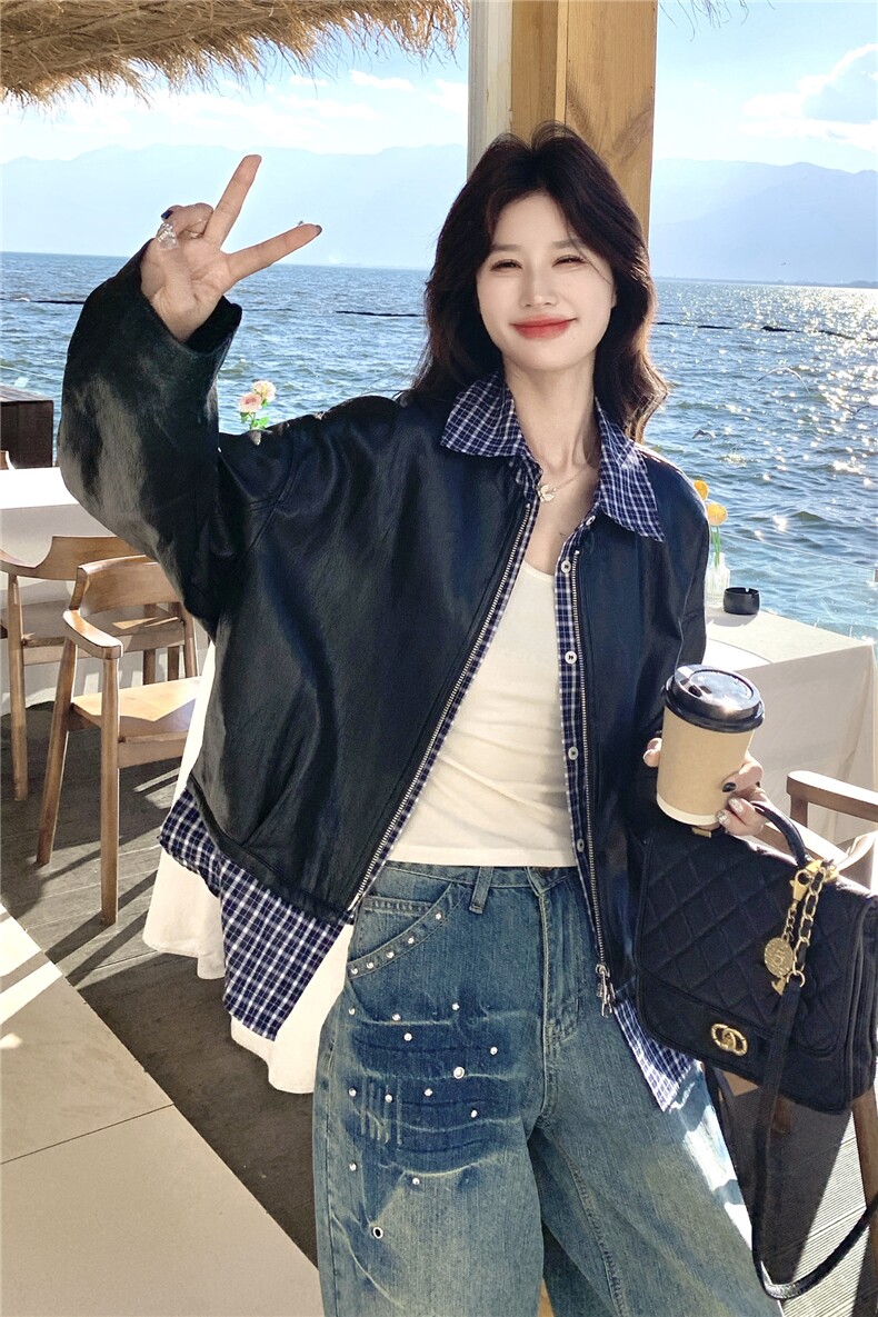 设计感假两件格纹拼接皮衣短外套女2026春季新款宽松休闲显瘦夹克,女装皮衣,艾米莉亚