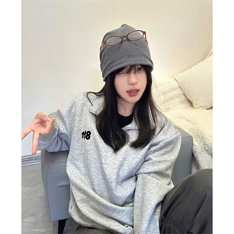 抖音得物 美式全棉可翻领立领卫衣半拉链印花外套卫衣 A1101图片