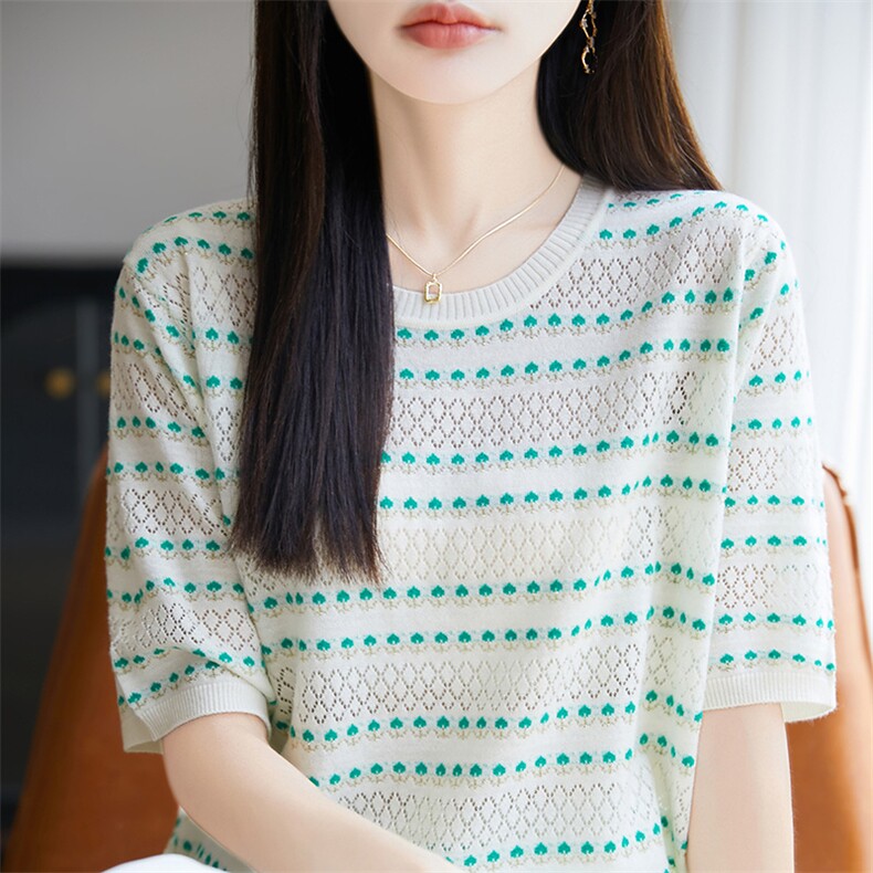 圆领拼色莱赛尔天丝针织五分袖T恤女25夏季镂空短袖宽松打底半袖,针织衫/毛衣,郡淞羊绒