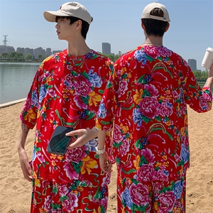 TZ340男士夏季风大花布套装大码宽松凉爽透气民族风个性外套图片