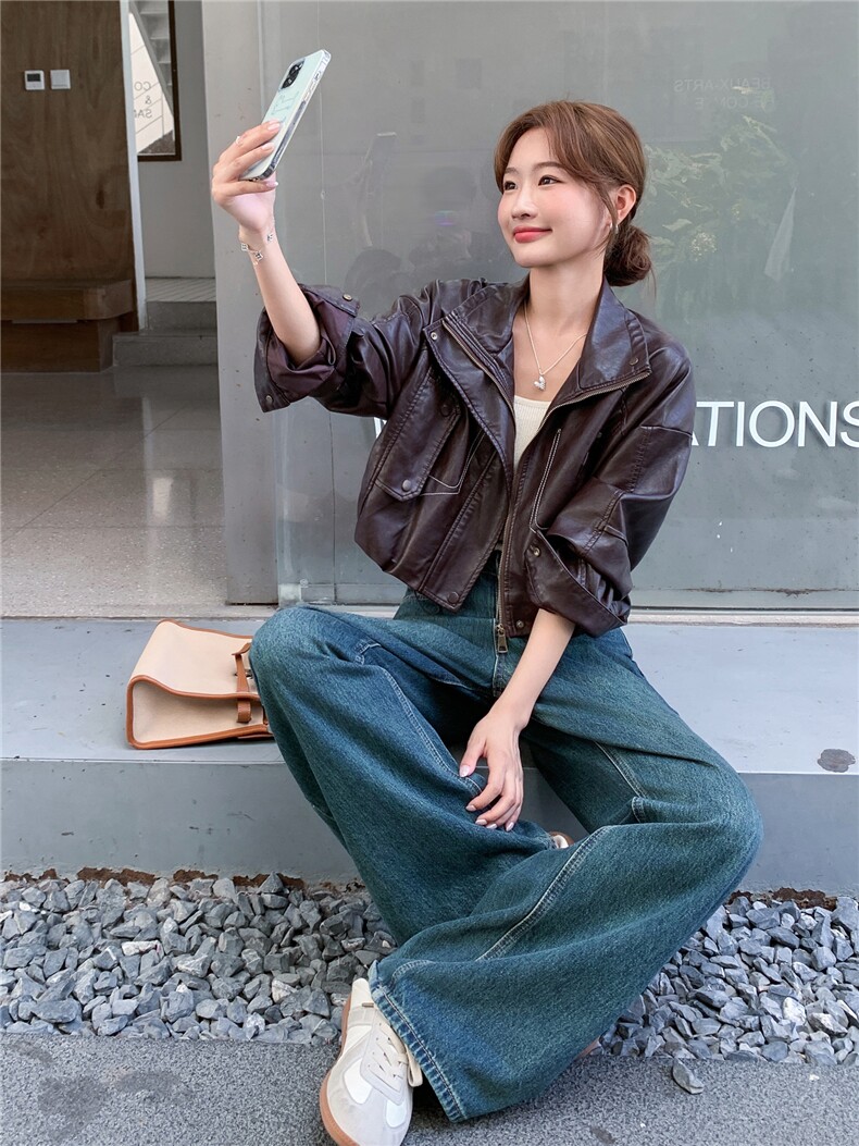 时尚复古新潮pu皮衣春秋季新款女装机车显瘦帅气翻领甜酷短外套女,女装短外套,意芙
