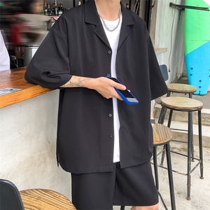 TZ62627/P55弹力短袖衬衣套装男女夏款港风衬衫短裤两件套图片