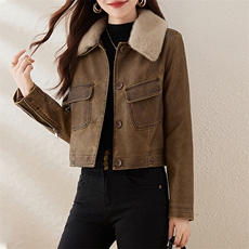 复古磨砂加绒小皮衣女修身短款2023冬季新款配毛领机车服pu皮夹克，女装皮衣，潮流依族